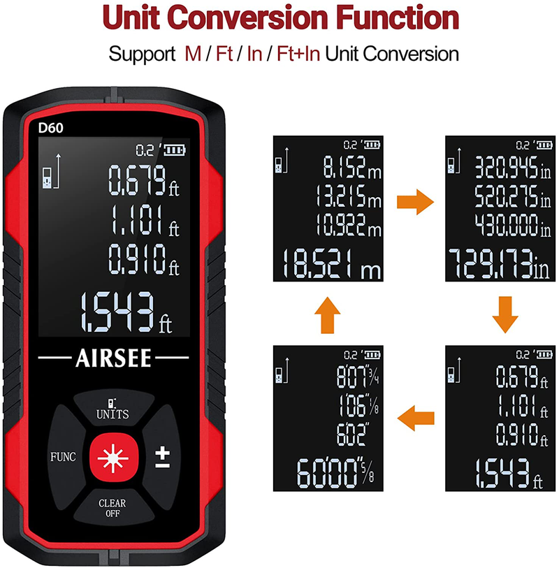 Laser Measure, AIRSEE Laser Distance Measure 196Ft, 50 Sets Data Storage, M/In/Ft Unit Switch, Backlit LCD, Distance, Area, Volume Laser Measurement Tool, Carry Pouch, Battery, Reflect Plate Included