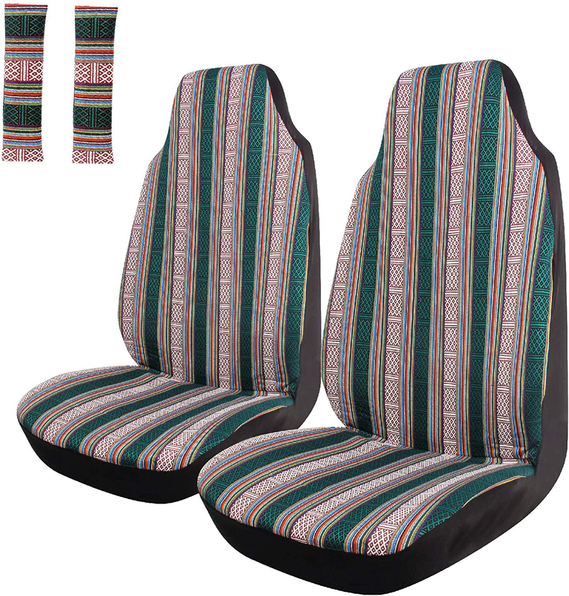 Copap 4pc Universal Stripe Colorful Baja Front Seat Cover Baja Bucket Seat Cover Blue Saddle Blanket with Seat-Belt Pad Protectors for Car, SUV & Truck Vehicles & Parts > Vehicle Parts & Accessories > Motor Vehicle Parts > Motor Vehicle Seating Copap Green Front 