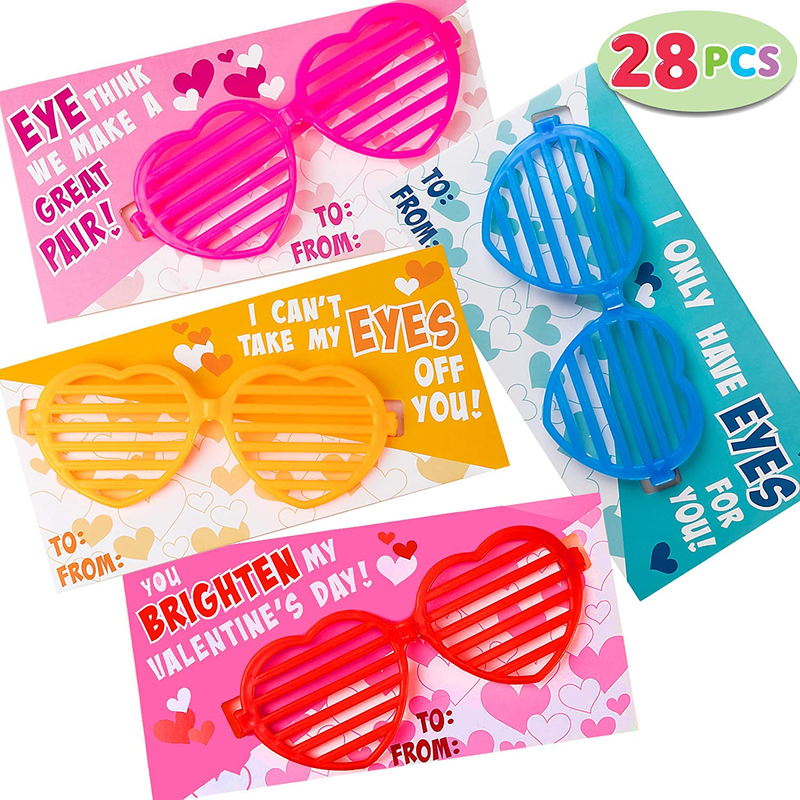 JOYIN 28 Pcs Valentines Day Gift Cards with Heart Shaped Shutter Shade Glasses for Kids Valentine'S Classroom Exchange Valentine Party Favors