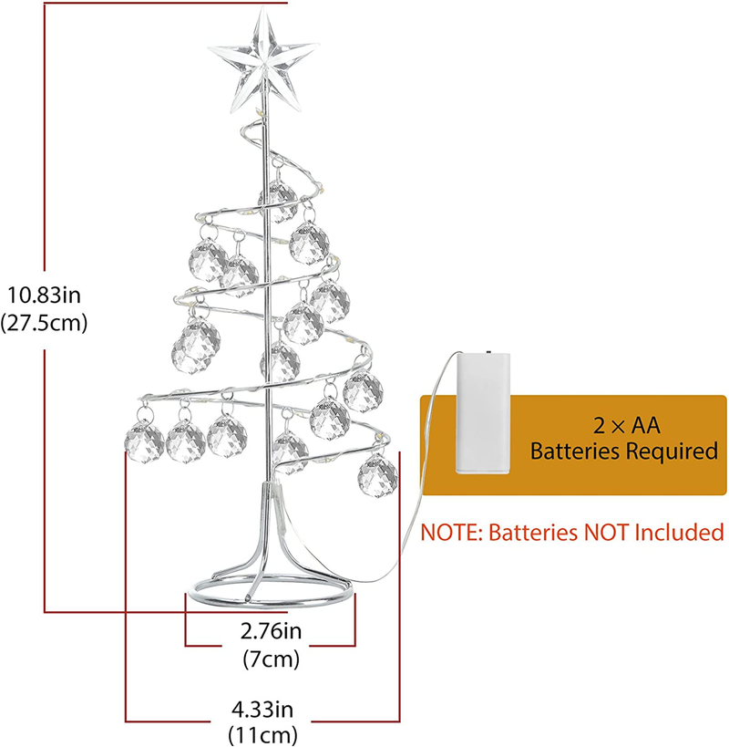 Shinowa Tabletop Metal Christmas Tree Lamp Spiral Wrought Iron Ornament Display Stand with Crystal Balls Christmas Ornament 10 Inch Desktop Decorations with LED Lights Mini Xmas Tree, Silver