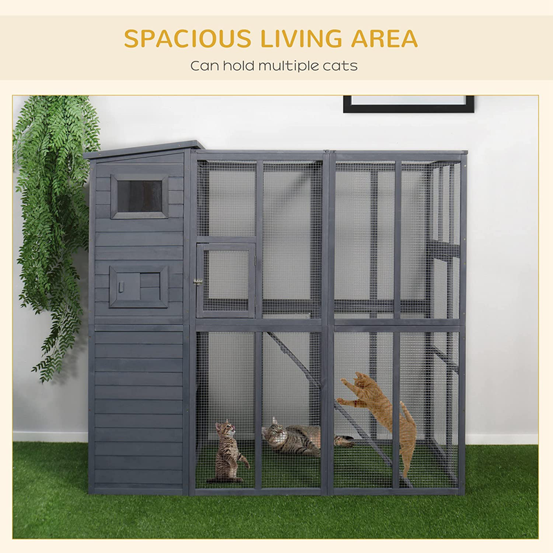 Pawhut Large Wooden Outdoor Cat House with Large Run for Play, Catio for Lounging, and Condo Area for Sleeping, Grey Animals & Pet Supplies > Pet Supplies > Cat Supplies > Cat Beds PawHut   