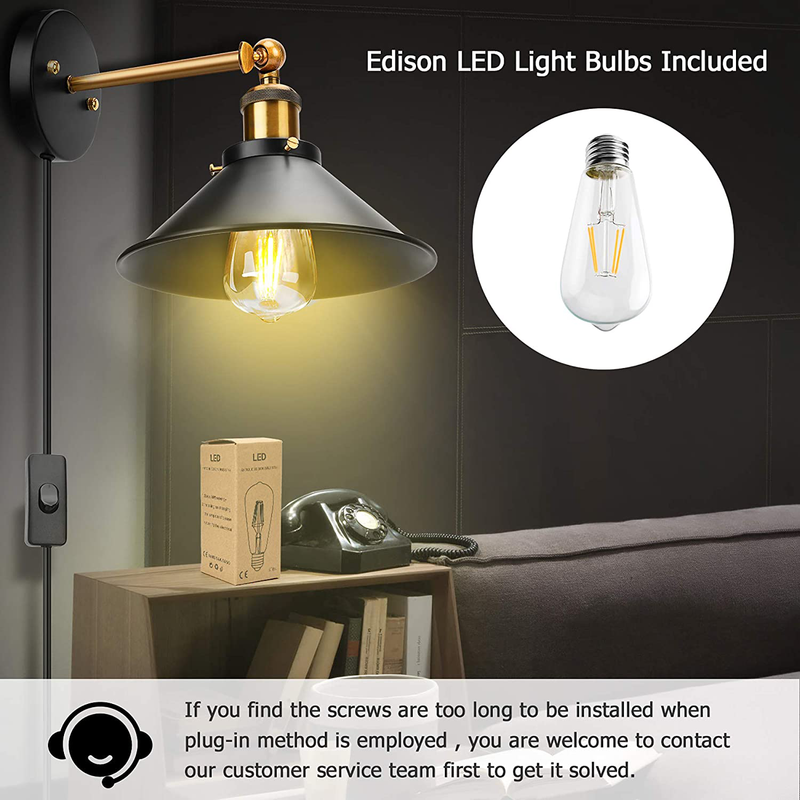 JACKYLED Retro Plug in Wall Sconces with LED Bulb Black Hardwire Industrial Vintage Wall Lamp Fixtures for Indoor Bedroom Set of 2 Home & Garden > Lighting > Lighting Fixtures > Wall Light Fixtures KOL DEALS   