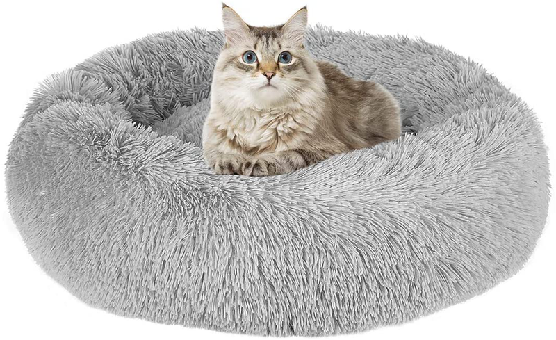 Mojonnie Donut Cat Bed, round Faux Fur Cat Bed Soft Plush Pet Cushion Bed Self-Warming Sleeping Bed for Cats Winter Pets Puppy Indoor Pet round Nest Animals & Pet Supplies > Pet Supplies > Cat Supplies > Cat Beds Mojonnie LightGrey Pat2  