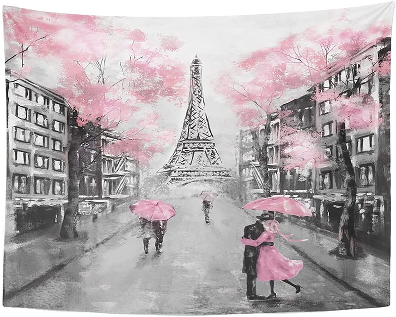 TOMPOP Tapestry Oil Painting Paris European City Landscape France Eiffel Tower Black White Pink Grey Modern Couple Under Home Decor Wall Hanging Living Room Girls Bedroom Dorm 60x80 inches Home & Garden > Decor > Artwork > Decorative Tapestries TOMPOP 50x60  