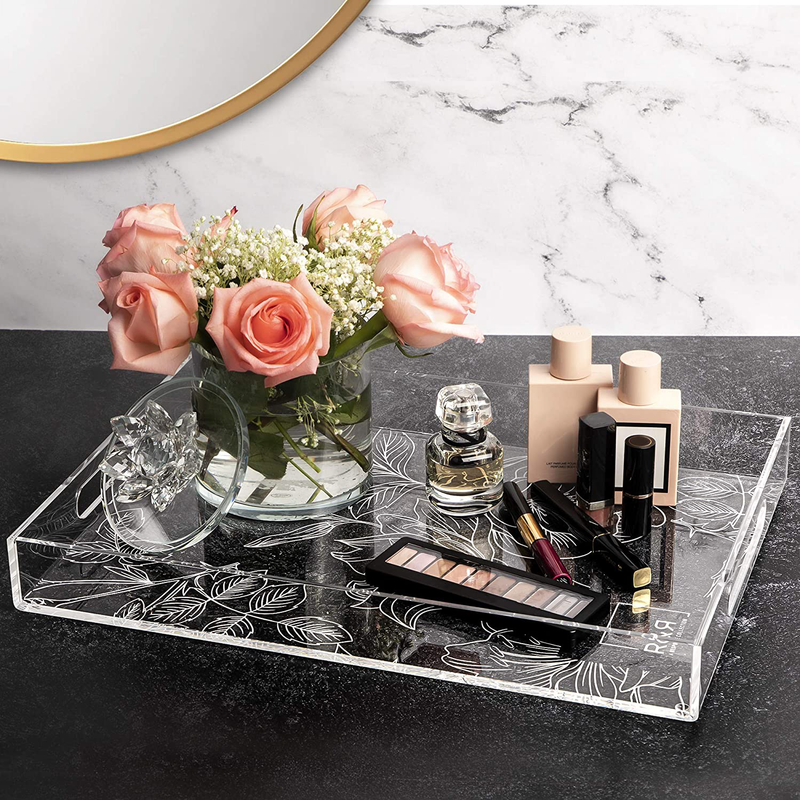 R&R Clear Acrylic Tray with Handles - 17" x 12" (Floral). Spillproof Design Makes This The Perfect Large Serving Tray, Vanity Tray, Bathroom Tray, Coffee Table Tray, Bed Tray or Decorative Tray… Home & Garden > Decor > Decorative Trays R&R A Bespoke Collection   
