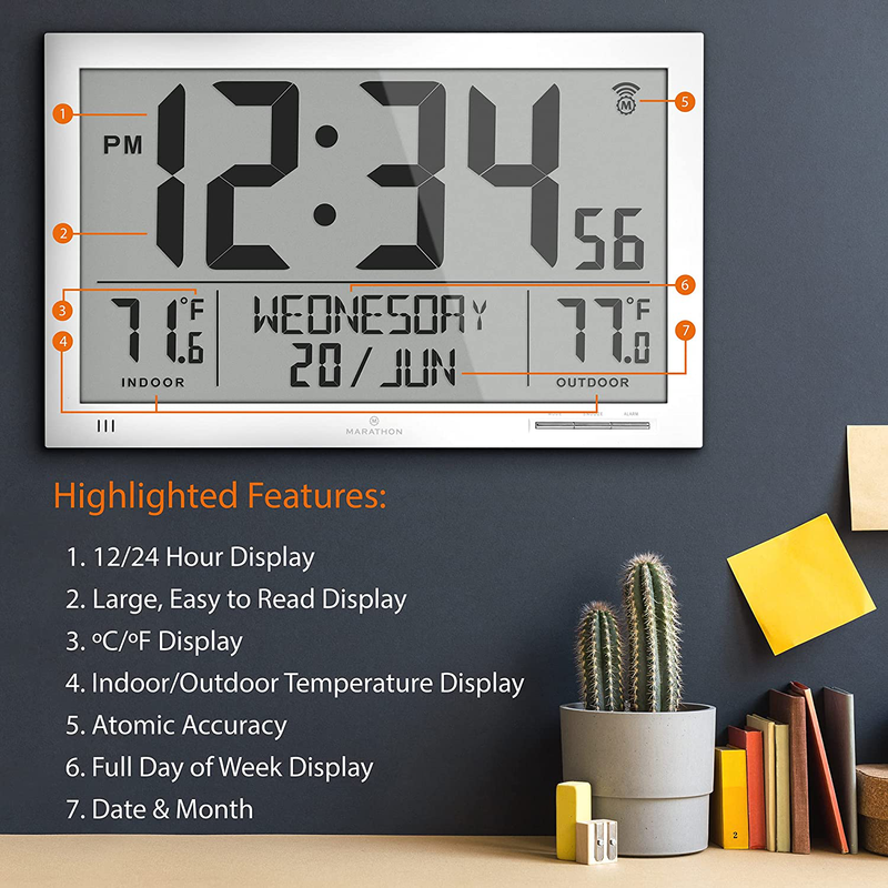 Marathon Slim Jumbo Atomic Full Calendar Wall Clock with Indoor/Outdoor Temperature. Extra Large 4.5 Inch Digits. Comes with External Probe for Refrigerators (White) Home & Garden > Decor > Clocks > Wall Clocks Marathon   