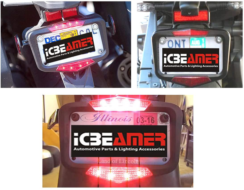 ICBEAMER Waterproof Universal Fit Most Motorcycle License Plate Frame w/ 6+ Flashing LED Tail +Brake Light [Matte Black]