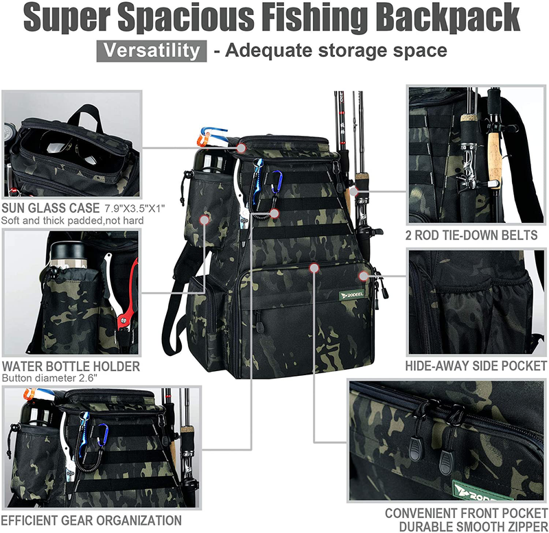 Rodeel Fishing Tackle Backpack 2 Fishing Rod Holders,Large Storage,Backpack  for Trout Fishing Outdoor Sports Camping Hiking, Tackle Storage Bags -   Canada