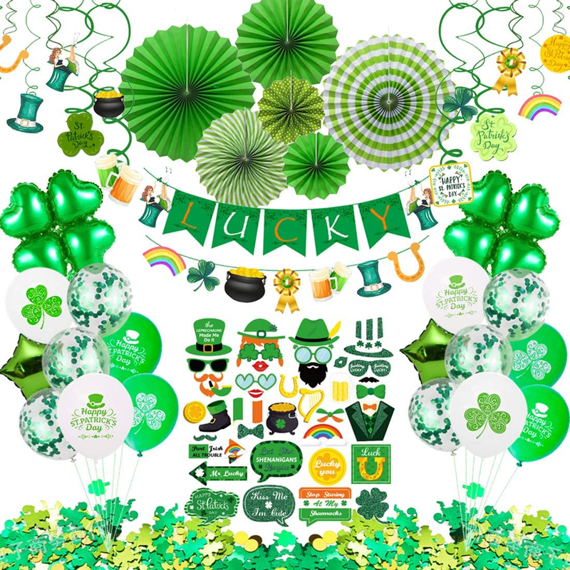 St Patricks Day Decorations, 92 Pcs St Patricks Day Accessories for Irish Party Supplies - Including Hanging Swirl, Paper Fan, Luck Banner, Photo Booth Props, Confetti and Balloon Arts & Entertainment > Party & Celebration > Party Supplies Marte&Joven   