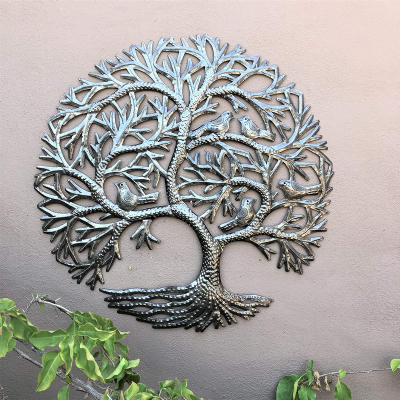 Haitian Tree of Life Wall Decor, Global Art Made in Haiti, Oil Drum Metal Craft with Birds, Decoration for Kitchen or Anywhere in Home, 23 In. x 23 In. (Whispering Tree) Home & Garden > Decor > Artwork > Sculptures & Statues It's Cactus   