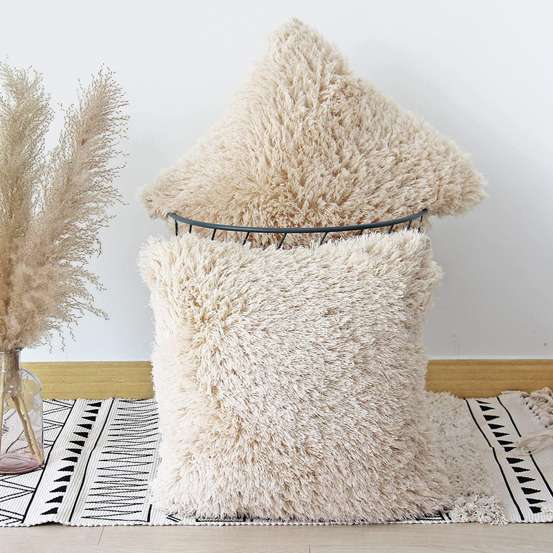 JOJUSIS Fluffy Decorative Throw Pillows Covers 18X18 Inch Luxury Soft Faux Fur Fleece Cushion Cover Pillowcase Pack of 2 Beige Home & Garden > Decor > Chair & Sofa Cushions JOJUSIS   