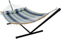 HENG FENG 2 Person Double Hammock with 12 Foot Portable Steel Stand and Curved Bamboo Spreader Bars, Detachable Pillow, Quilted Fabric Bed, Blue & Aqua