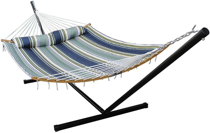 HENG FENG 2 Person Double Hammock with 12 Foot Portable Steel Stand and Curved Bamboo Spreader Bars, Detachable Pillow, Quilted Fabric Bed, Blue & Aqua Home & Garden > Lawn & Garden > Outdoor Living > Hammocks HENG FENG Blue & Aqua Hammock with Stand 
