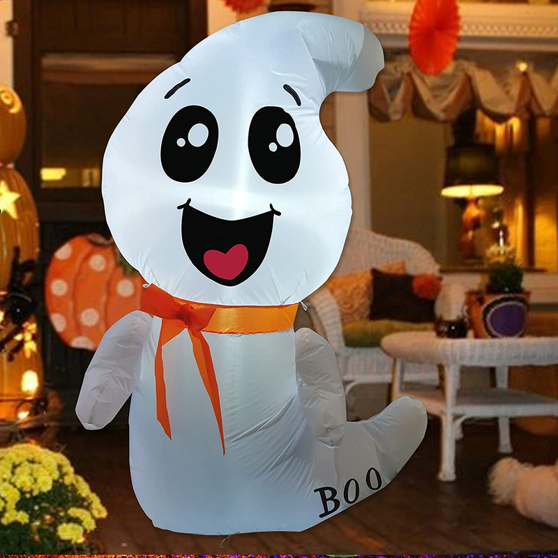 GOOSH 4 FT Halloween Inflatable Outdoor White Cute Ghost, Blow Up Yard Decoration Clearance with LED Lights Built-in for Holiday/Party/Yard/Garden