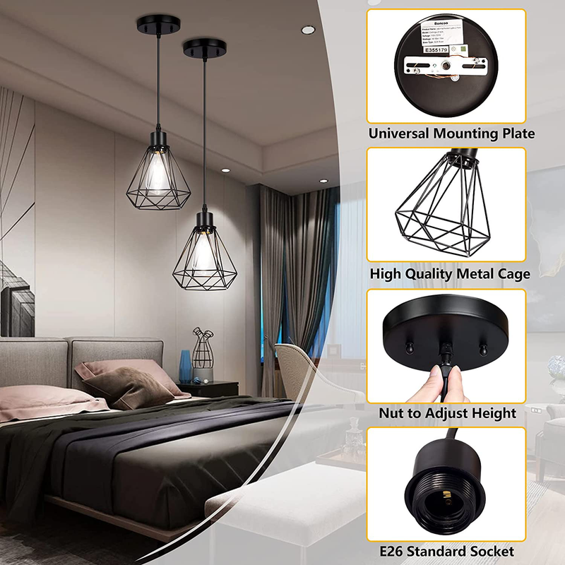Industrial Pendant Light Adjustable Hanging Light Fixtures with Black Metal Cage, Boncoo Vintage Pendant Lights Farmhouse Ceiling Lighting Pendant Lamp E26 Base for Kitchen Island Dining Room, 2 Pack