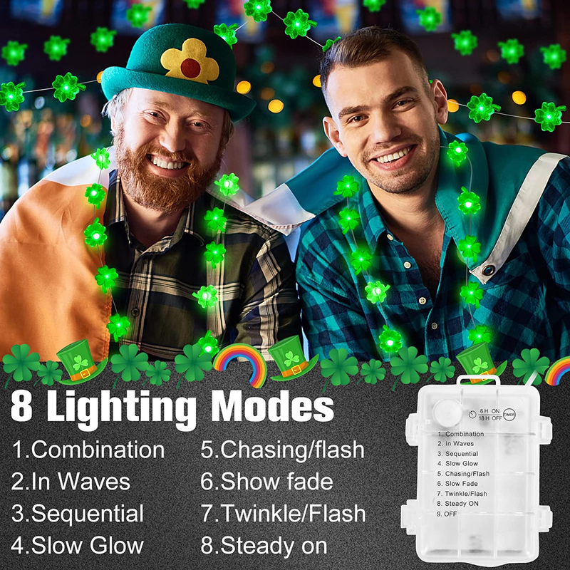 St Patricks Day Decorations 13FT 50LED, St Patricks Day Decor 3D Shamrocks String Lights Battery Operated for Irish Party Decorations for Home Indoor/Outdoor Wedding Anniversary Holiday Green Decor