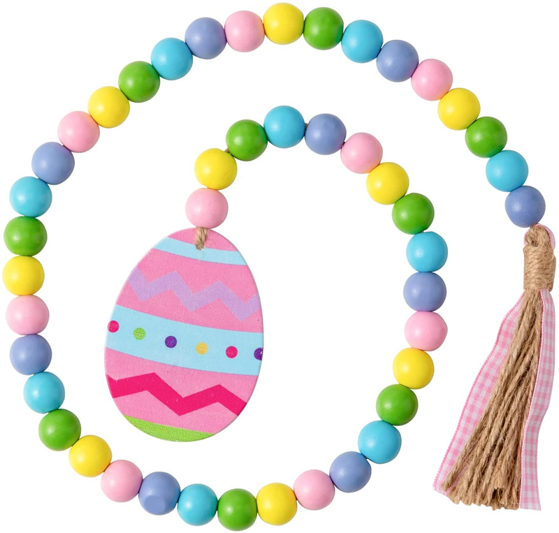 Hogardeck Easter Wood Bead Garland, 33.5 Inch Wooden Beads with Tassels and Bunny Tag Boho Decor Hanging Farmhouse Rustic Beads Easter Decorations for the Home Tiered Tray Mantel Shelf Wall Home & Garden > Decor > Seasonal & Holiday Decorations hogardeck Egg  