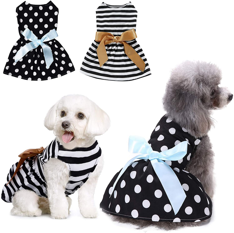 KOESON 2 Pack Dog Dresses Pet Princess Skirts with Ribbon Bowknot, Cute Puppy Sundress Spring Summer Shirts Vest for Small Dogs Cats, Pet Apparel Clothes Doggie Costume for Wedding Holiday Birthday Animals & Pet Supplies > Pet Supplies > Cat Supplies > Cat Apparel KOESON Polka dot and Striped Large 