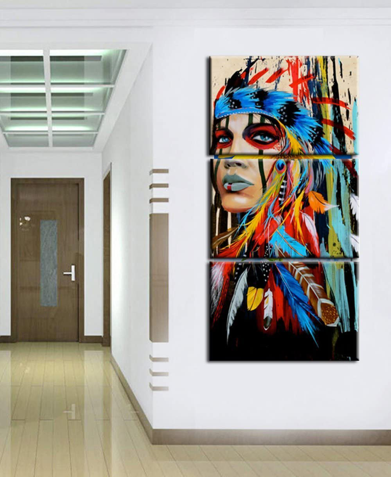 Native American Painting Indian Canvas Wall Art Indians Woman Girl Colorful Feathered Prints Wrapped on Frames for Home Wall Art Decoration (14x20inchx3 Pieces) Home & Garden > Decor > Seasonal & Holiday Decorations& Garden > Decor > Seasonal & Holiday Decorations Jingtao Art   