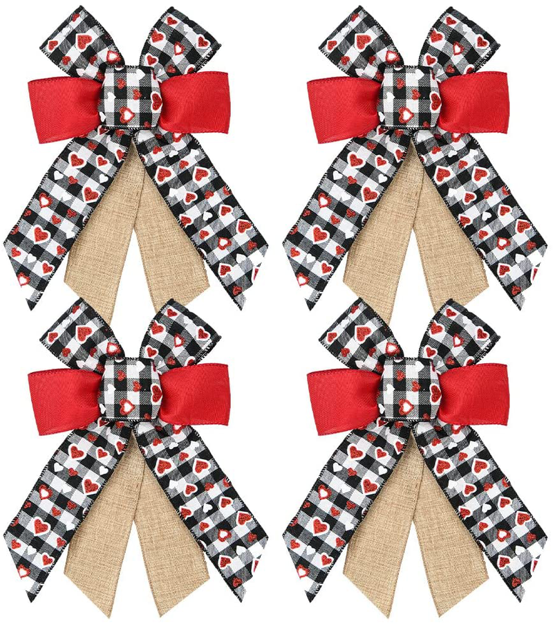 Threetols 4PCS Valentine'S Day Wreath Bows, Black and Red Rustic Buffalo Plaid Bows Wreath for Front Door Valentine Red White Heart Decoration Bows for Indoor Outdoor Holiday Wedding Party Ornament Home & Garden > Decor > Seasonal & Holiday Decorations Threetols Black  