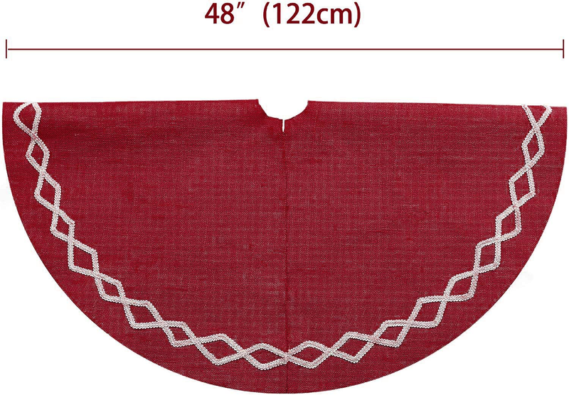 Ivenf Christmas Tree Skirt, 48 inches Large Burgundy Burlap Plain with White Lace, Rustic Xmas Tree Holiday Decorations