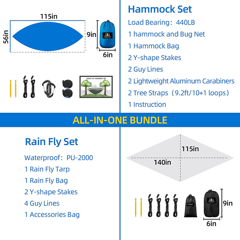 Single Double Person Camping Hammock Tent with Mosquito Bug Net and Rain Fly Tarp - Portable Lightweight Parachute Nylon Backpacking Hammocks Set with Tree Straps, Outdoor Survival Hiking Travel, Blue Sporting Goods > Outdoor Recreation > Camping & Hiking > Mosquito Nets & Insect Screens LEADVENST   