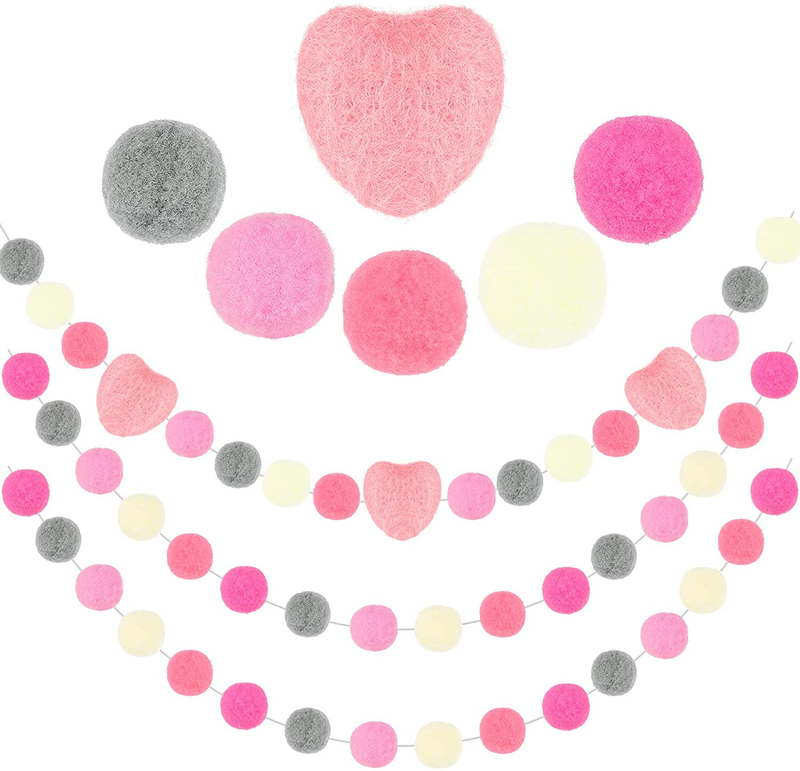 Tatuo 3 Pieces Valentine'S Day Wool Felt Ball Garland 6.56 Ft Valentines Pom Pom Garland Banner Felt Heart Hanging Garland for Valentine'S Day Wall Indoor Outdoor Home Party Supplies Arts & Entertainment > Party & Celebration > Party Supplies Tatuo Adorable Colors  