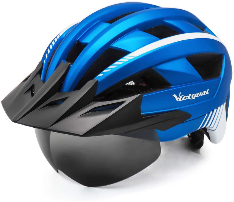 VICTGOAL Bike Helmet for Men Women with Led Light Detachable Magnetic Goggles Removable Sun Visor Mountain & Road Bicycle Helmets Adjustable Size Adult Cycling Helmets Sporting Goods > Outdoor Recreation > Cycling > Cycling Apparel & Accessories > Bicycle Helmets VICTGOAL Metal Blue  