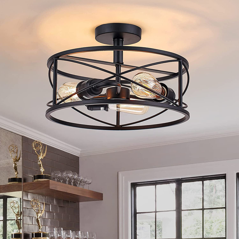 PUSU Semi Flush Mount Ceiling Light,Black Close to Ceiling Light Fixtures,Industrial Vintage Metal Cage Ceiling Lamp,For Kitchen Porch Living Room Dining Room Bedroom Entryway and Office
