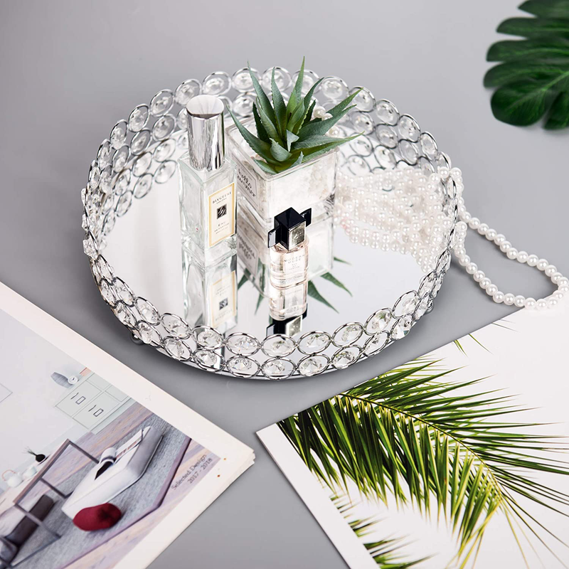 Feyarl Crystal Cosmetic Makeup Tray Jewelry Trinket Tray Organizer Vanity Tray Mirrored Decorative Tray Home Deco Dresser Perfume Skin Care Tray for Christmas Brithday Gift(Round 10" inch) (Silver) Home & Garden > Decor > Decorative Trays Feyarl   