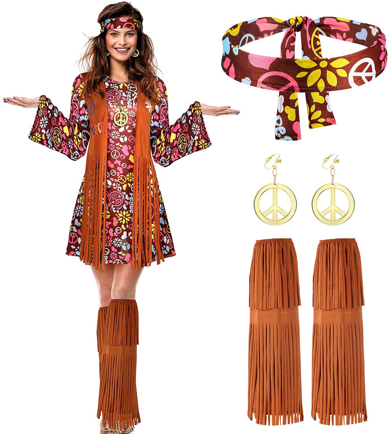 Women Hippie Costume Set Peace Sign Earring Necklace Headband Dress Ankle Socks Apparel & Accessories > Costumes & Accessories > Costumes SATINIOR Medium  