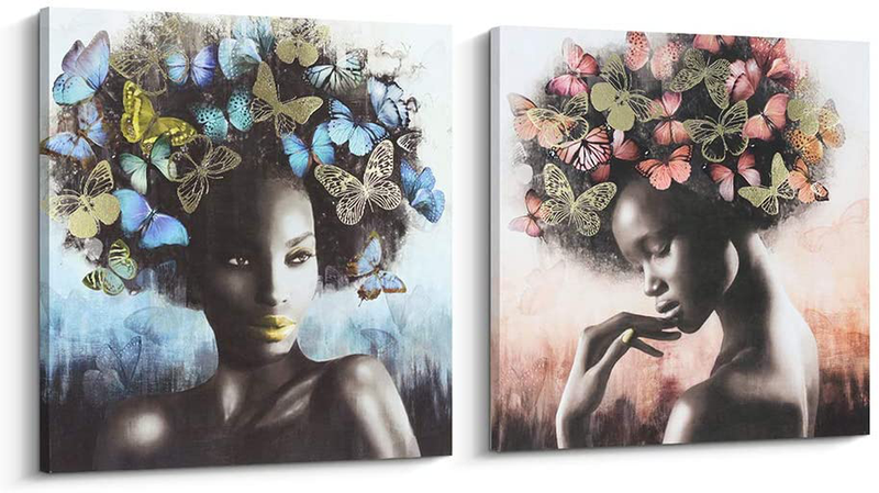 Pigort African American Wall Art Set, Black Art Afro Woman Pictures Paintings Wall Decor Canvas Print, Blue and Gold Artworks Home Decoration (31.5 x 31.5 in, SET) Home & Garden > Decor > Seasonal & Holiday Decorations Pi Art SET  