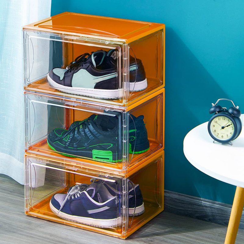 Clear Shoe Box, Set of 9 Stackable Plastic Sneaker Box Container, Magnetic Side Open Shoe Organizer and Shoes Storage Case, Full Transparent to Display Sneakers Furniture > Cabinets & Storage > Armoires & Wardrobes STAHMFOVER 3 Shoe Boxes-Orange  