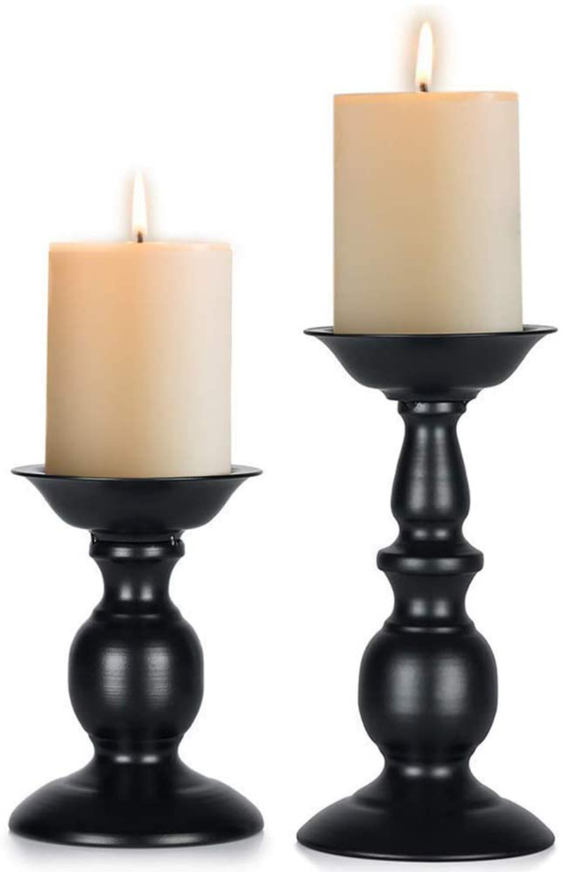 NUPTIO Pillar Candle Holders Metal Candle Holder Ideal for 3 inches Candles, Silver Candle Holder for Living Room, Gardens, Spa, Aromatherapy, Incense Cones, Wedding, Party, 2 Pcs Home & Garden > Decor > Home Fragrance Accessories > Candle Holders Fuzhou cangshan Black S + L 