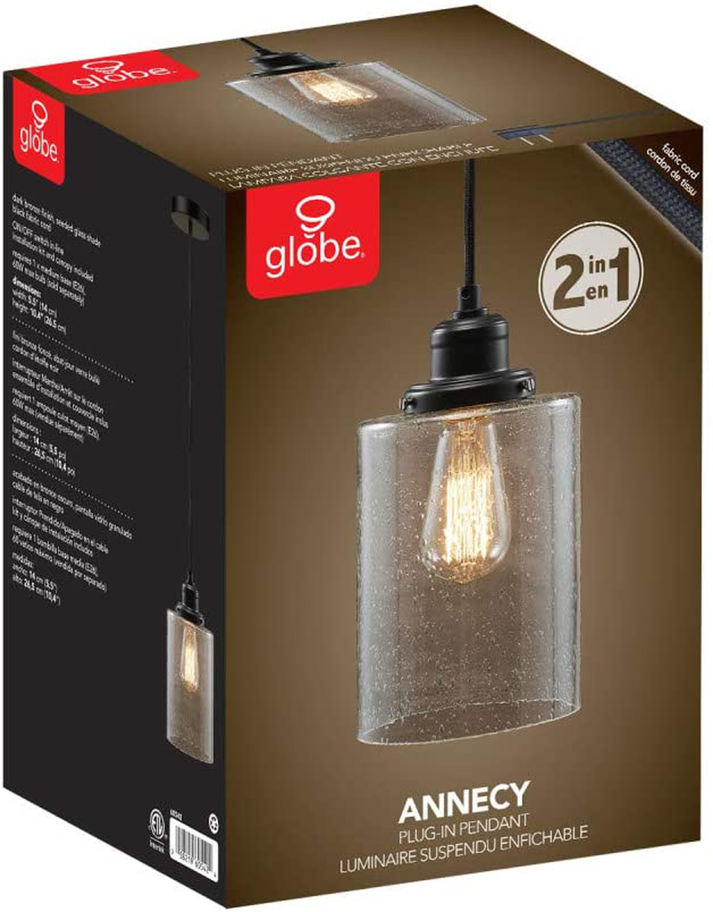 Globe Electric 60542 Annecy 1-Light Plug-In or Hardwire Pendant Light, Dark Bronze, Seeded Glass Shade, 15ft Black Fabric Cord, In-Line On/Off Switch