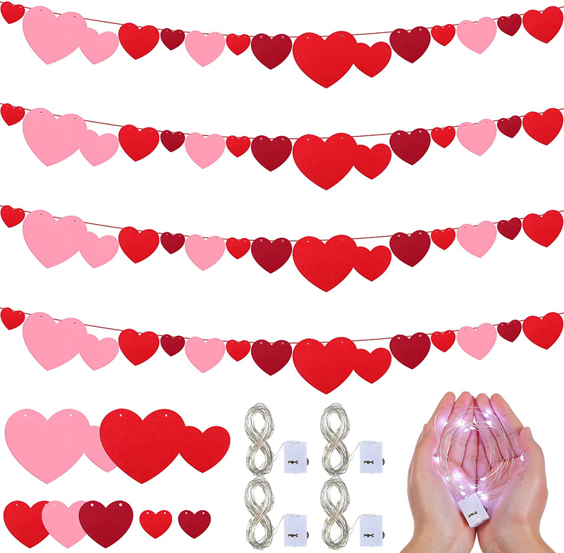 Tatuo 4 Sets Valentine'S Day Heart Banners Felt Heart Garland Decor Hanging Hearts Sweetest Day Decorations with String Lights Love Valentines Day Decor for Romantic Wedding Engagement Party