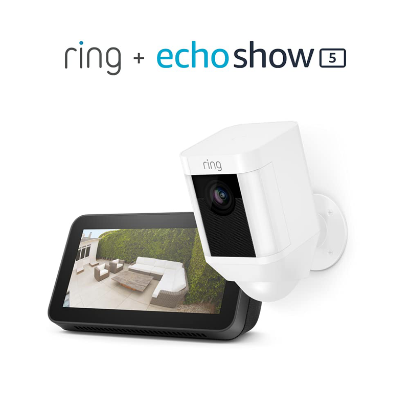 Ring Spotlight Cam Battery HD Security Camera with Built Two-Way Talk and a Siren Alarm, White, Works with Alexa Cameras & Optics > Cameras > Surveillance Cameras Ring White Prime - $10 Echo Show 5 (New) 1 Cam