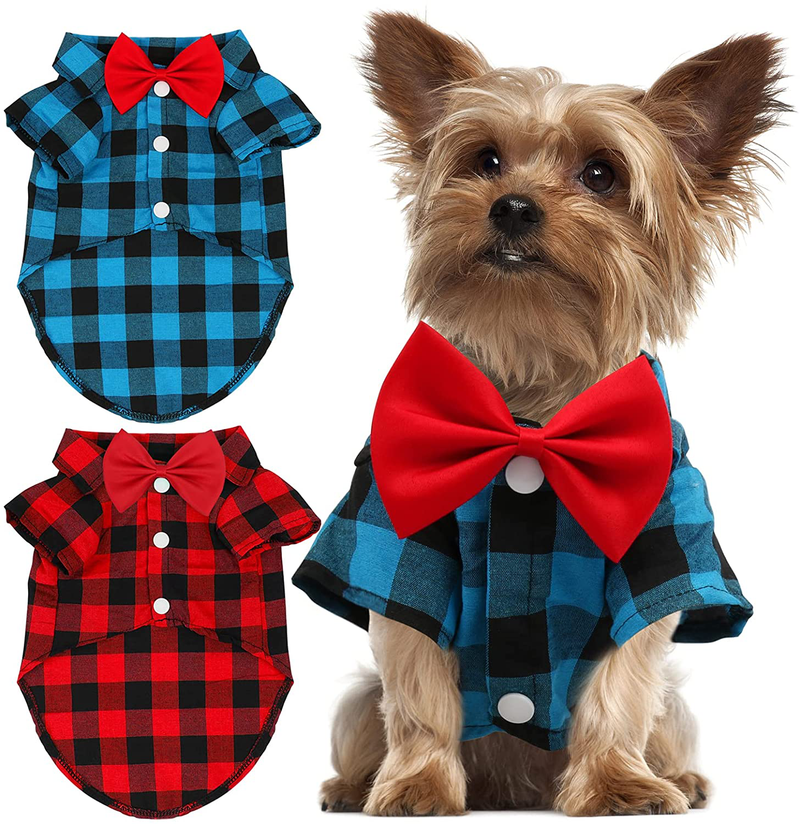 GINDOOR 2 Pack Plaid Dog Shirt - Valentines Cute Boy Dog Clothes and Bow Tie Combo Dog Outfit for Small Medium Large Dogs Cats Birthday Party and Holiday Photos Animals & Pet Supplies > Pet Supplies > Dog Supplies > Dog Apparel GINDOOR Large / Weight (8.5-12lbs)  