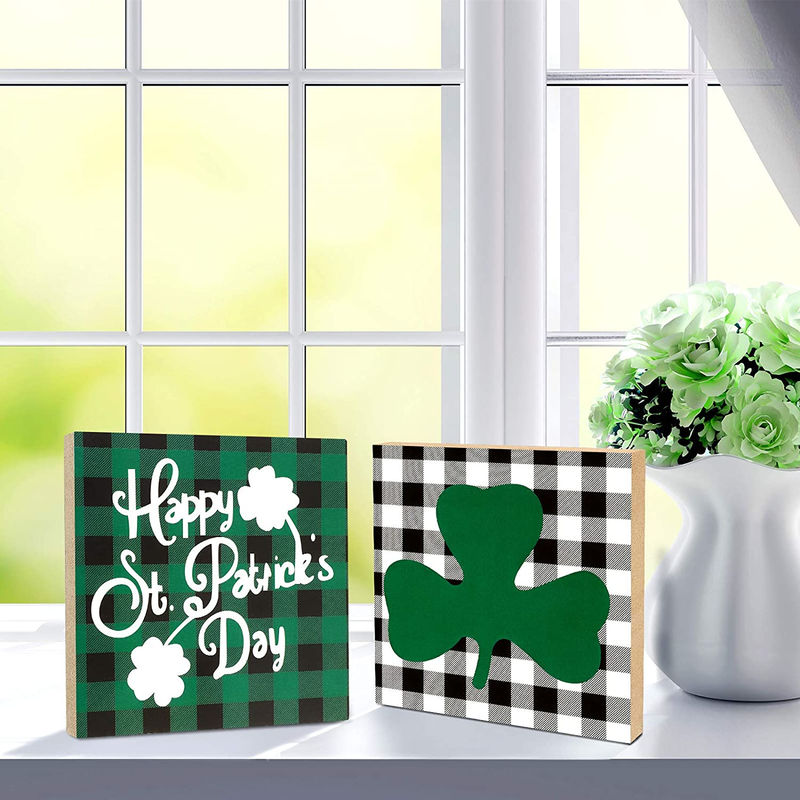 Hicarer 2 Pieces St. Patrick'S Day Decorative Wood Sign Happy St Patrick'S Day Shamrock Clover Plaid Print Wood Block for St Patrick'S Day Decorations Supplies