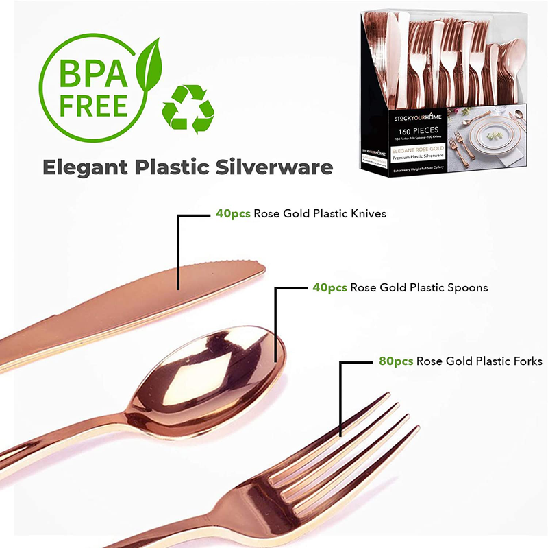 Plastic Cutlery Heavy Duty - 160 Piece Rose Gold Plastic Silverware - Rose Gold Plastic Utensils - Pink Plastic Cutlery – 80 Plastic Forks, 40 Plastic Spoons, 40 Plastic Knives Home & Garden > Kitchen & Dining > Tableware > Flatware > Flatware Sets Stock Your Home   