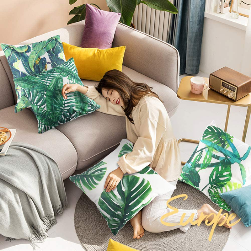 JOHOUSE 4 PCS Tropical Leaves Pillow Covers, Cotton Linen Decorative Summer Green Leaf Throw Cushion Cover for Sofa Bed Car Couch and Summer Party Favor,18X18Inch Home & Garden > Decor > Chair & Sofa Cushions JOHOUSE   
