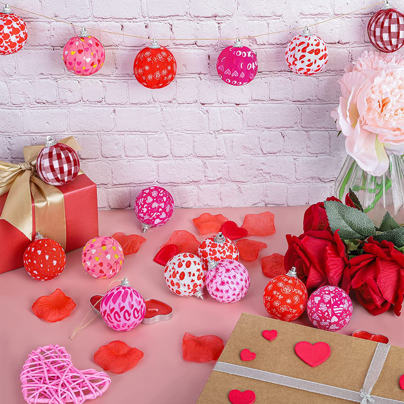 Fovths 24 Pieces 2 Inches Valentine'S Day Ball Ornaments Love Heart Rose Kiss Valentine'S Day Ball Decorations Hanging Fabric Ball with 24 Rope for Valentine'S Day Decoration or Party Home Supplies Home & Garden > Decor > Seasonal & Holiday Decorations Fovths   