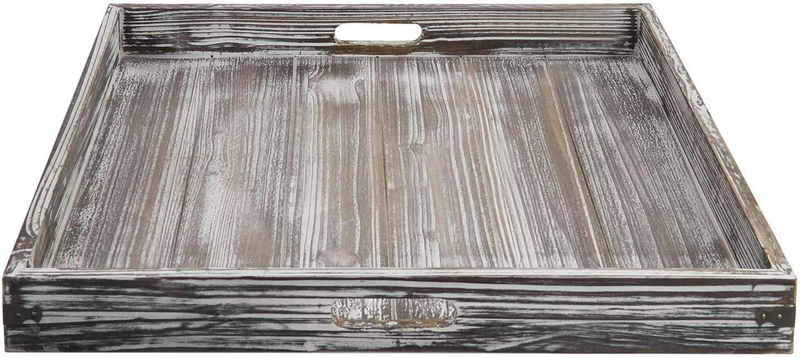 MyGift 19-inch Square Rustic Torched Wood Ottoman Tray with Vintage Metal Side Accent Wraps