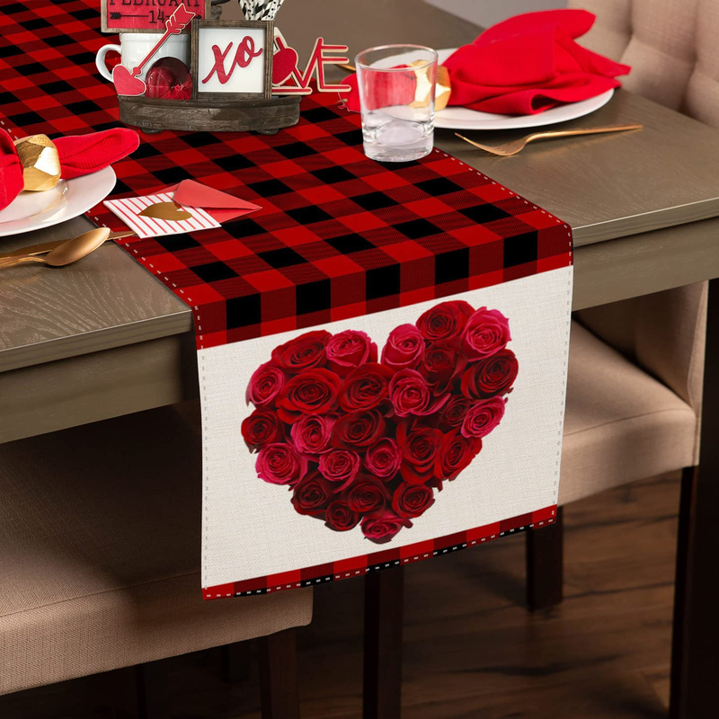 Sambosk Valentines Day Buffalo Plaid Table Runner, Red Rose Love Heart Floral Table Runners for Kitchen Dining Coffee or Anniversary Wedding Indoor and Outdoor Home Parties Decor 13 X 72 Inches SK051 Home & Garden > Decor > Seasonal & Holiday Decorations Sambosk   