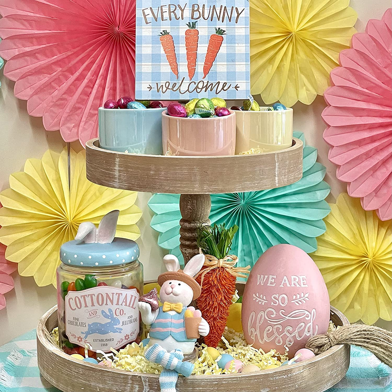 GRACIE & RUTH Easter Decorative Tiered Tray Decor, Rustic 9Pc Home Decor Bundle, Table Centerpiece, Seasonal Spring Gift Farmhouse Decorations Bunny, Egg