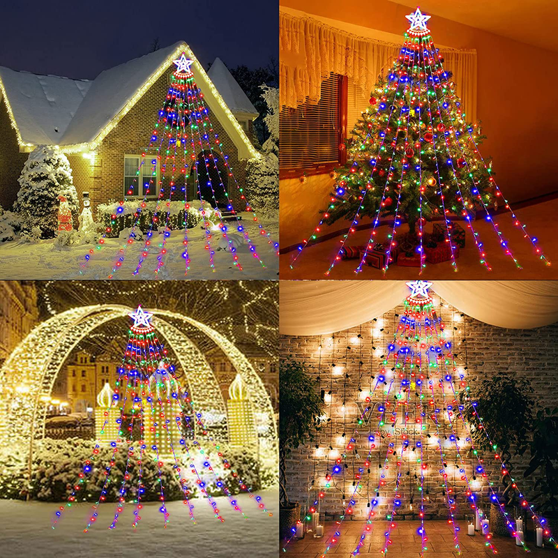 Christmas Decorations Outdoor Star String Lights,349 LED 8 Modes with 14" Topper Star Christmas Tree Lights,Star Waterfall Lights for Outside Tree Yard Wedding Home Party,Multicolor Home & Garden > Decor > Seasonal & Holiday Decorations& Garden > Decor > Seasonal & Holiday Decorations Cobbe   