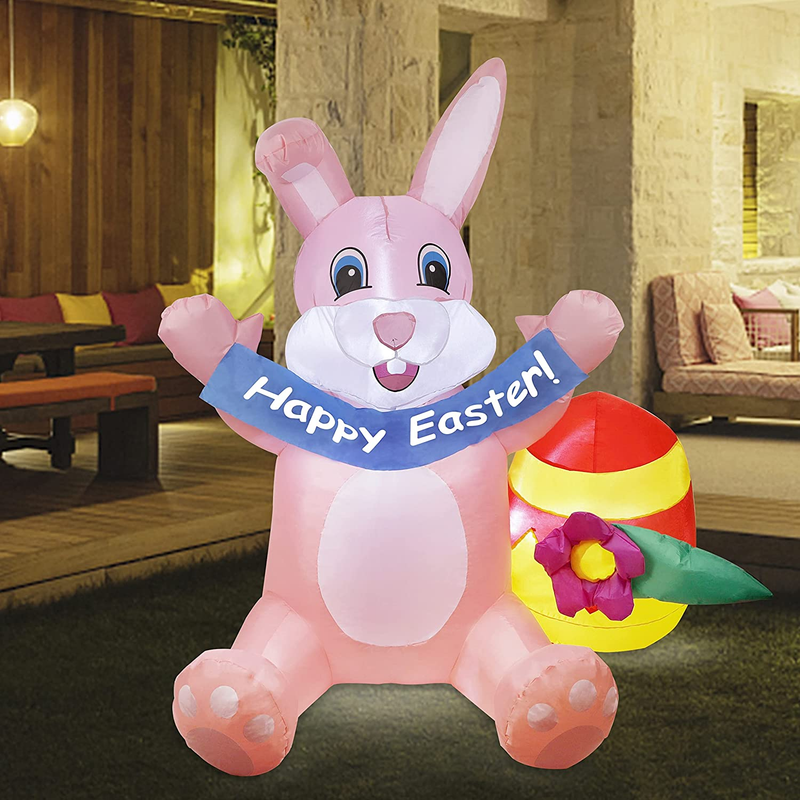 Cllayees 5 FT Easter Bunny Inflatable Outdoor Decorations, Holiday Blow up Inflatables Bunny Egg, Easter Yard Inflatables Decoration, Happy Pink Rabbit for Patio Garden Lawn Party Home & Garden > Decor > Seasonal & Holiday Decorations Cllayees   