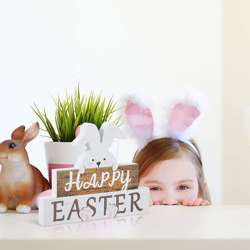Jetec Happy Easter Bunny Table Sign Easter Wooden Block Table Sayings Easter Wooden Table Decor Rustic Farmhouse Bunny Holiday Decorations for Spring Easter Decor Home & Garden > Decor > Seasonal & Holiday Decorations Jetec   