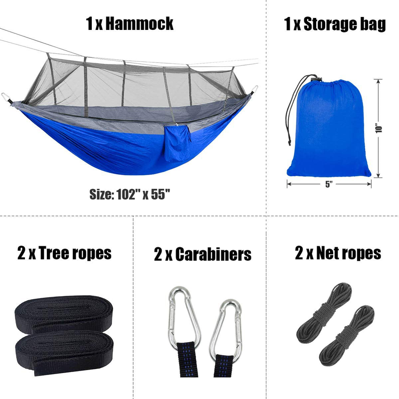 Single & Double Camping Hammock with Mosquito/Bug Net, Portable Parachute Nylon Hammock with 10Ft Hammock Tree Straps 17 Loops and Easy Assembly Carabiners, for Camping, Backpacking, Travel, Hiking Sporting Goods > Outdoor Recreation > Camping & Hiking > Mosquito Nets & Insect Screens Zoocee   