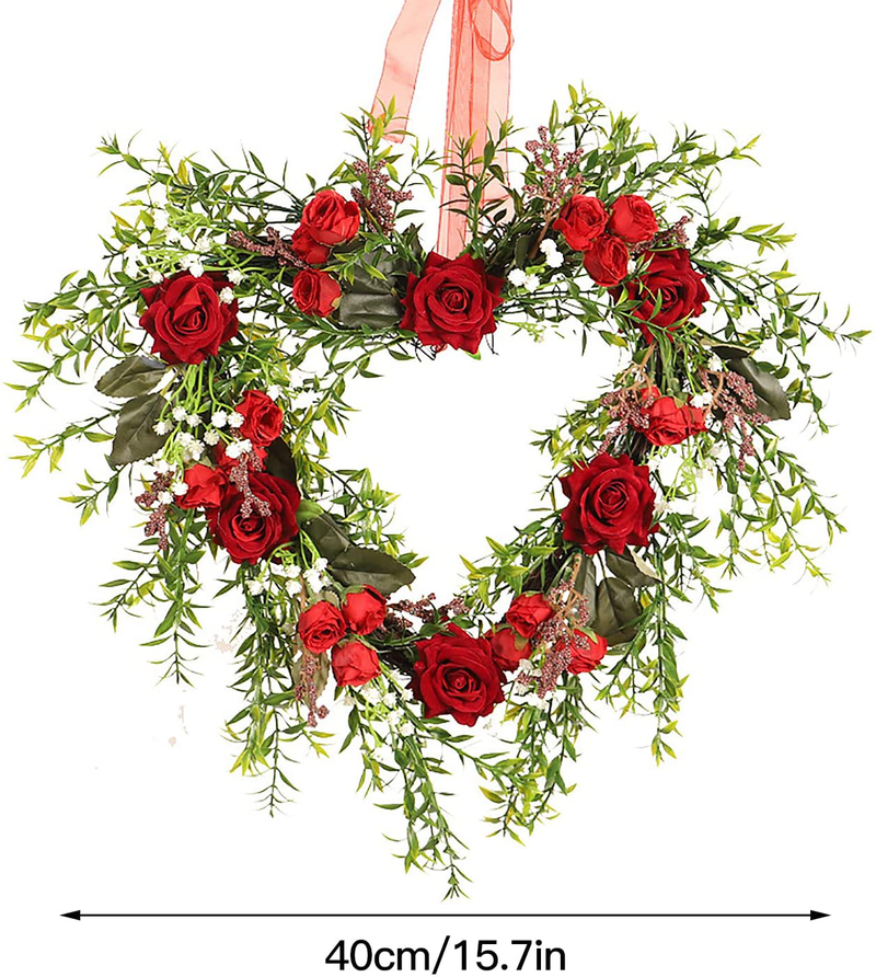 FGYZYP Valentines Day Red Rose Wreath, Artificial Heart Shaped LED Spring Wreath with Ribbon for Front Door, Handmade Mothers Day Wreath for Girlfriend Womenvalentines Wedding Wall Window Decor Home & Garden > Decor > Seasonal & Holiday Decorations FGYZYP   